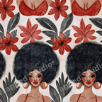 Retro tropical pattern featuring illustrated Black women with afros, red flowers, and dark green leaves.