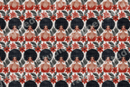 Modern afrocentric floral pattern with illustrated Black women, red tropical flowers, and dark green leaves.