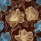 Line art floral pattern with blue and gold flowers on a dark brown backdrop.