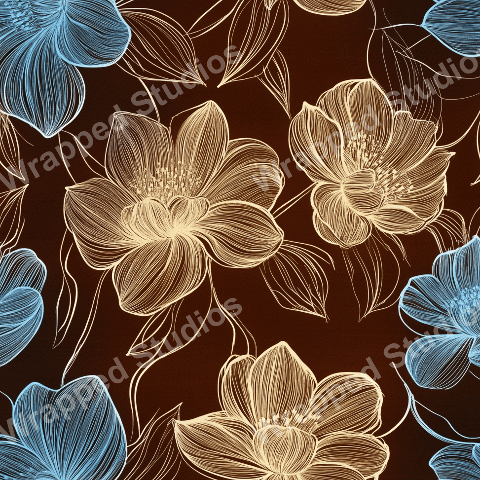 Line art floral pattern with blue and gold flowers on a dark brown backdrop.