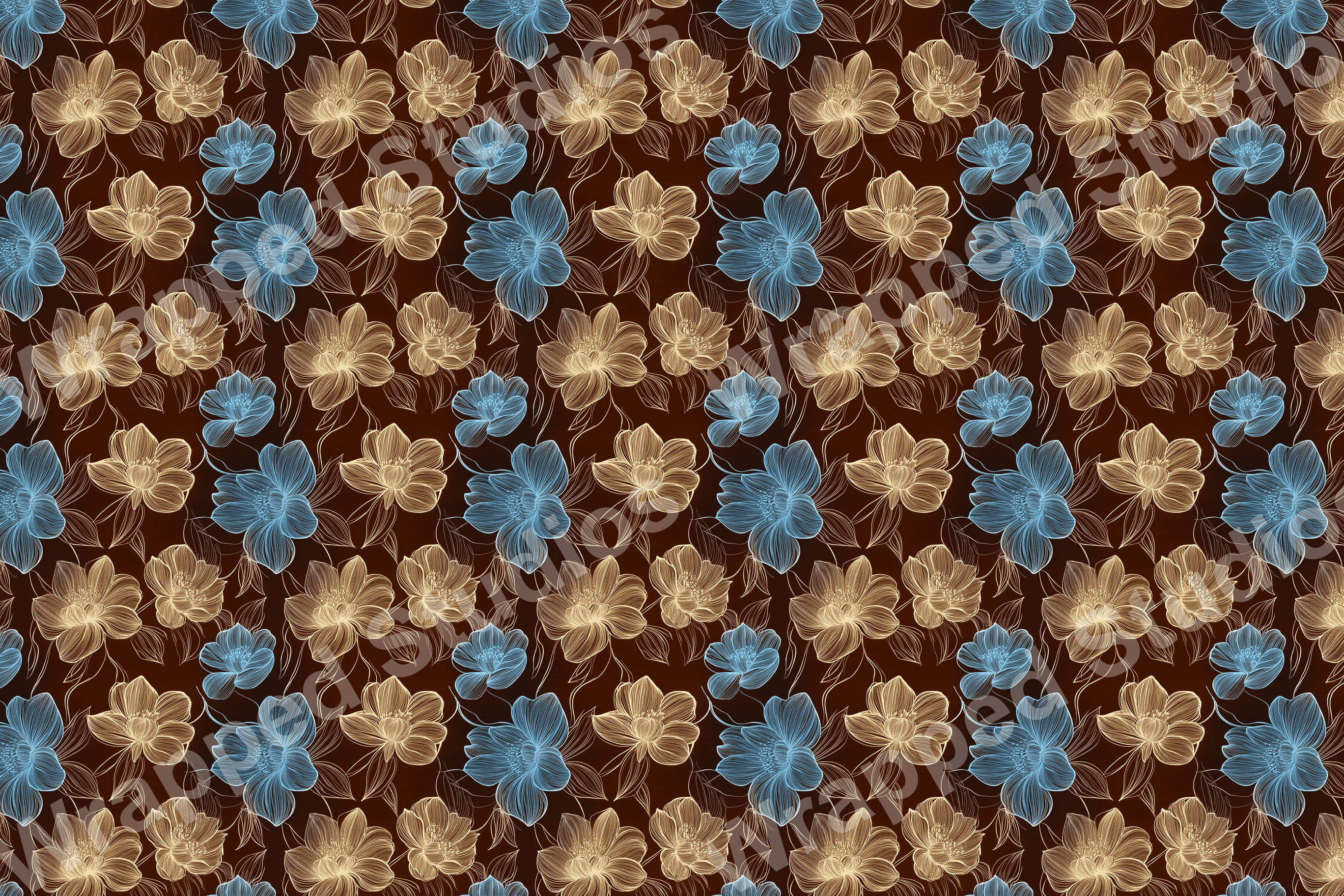 Seamless floral pattern with line art flowers in tan and blue on a dark brown background.