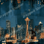 Painterly Seattle skyline pattern featuring the Space Needle and glowing city lights in a textured oil painting style.