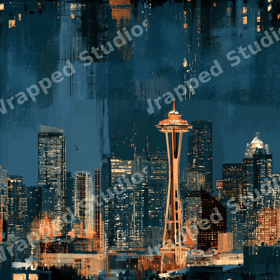 Painterly Seattle skyline pattern featuring the Space Needle and glowing city lights in a textured oil painting style.
