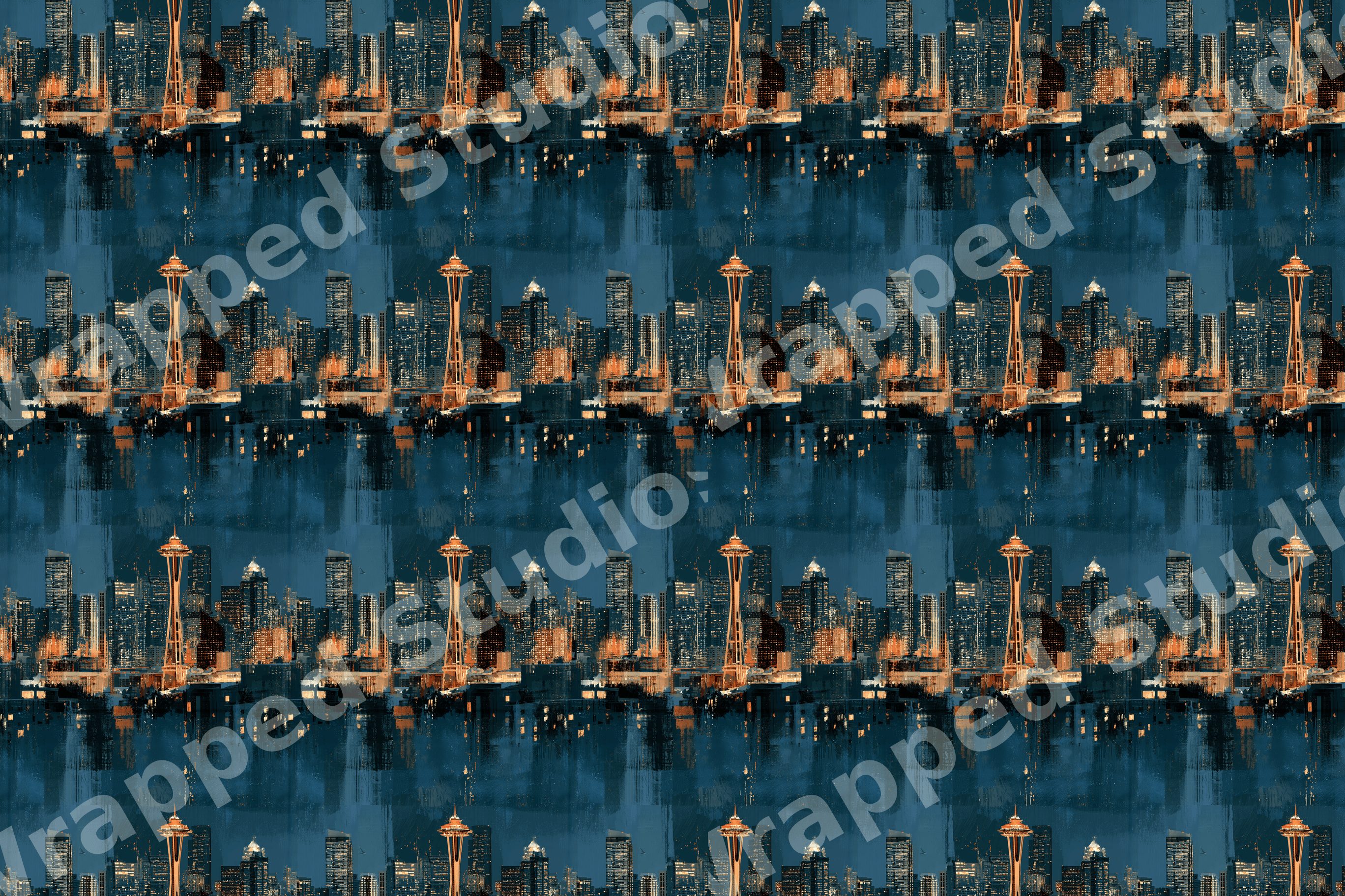 Seattle cityscape pattern with glowing gold buildings and the Space Needle on a textured navy blue background.