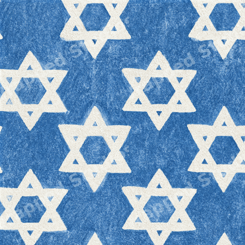 Hanukkah Star of David pattern featuring white stars on a textured blue block-print background.