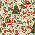 Vintage Christmas pattern featuring retro Santa Claus, deer, and holiday trees in red and green on cream.
