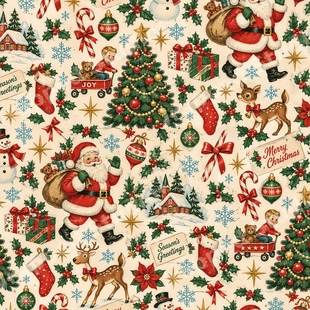 Vintage Christmas pattern featuring retro Santa Claus, deer, and holiday trees in red and green on cream.