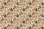 Vintage Christmas pattern featuring retro Santa, decorated trees, deer, and snowmen on a cream background.