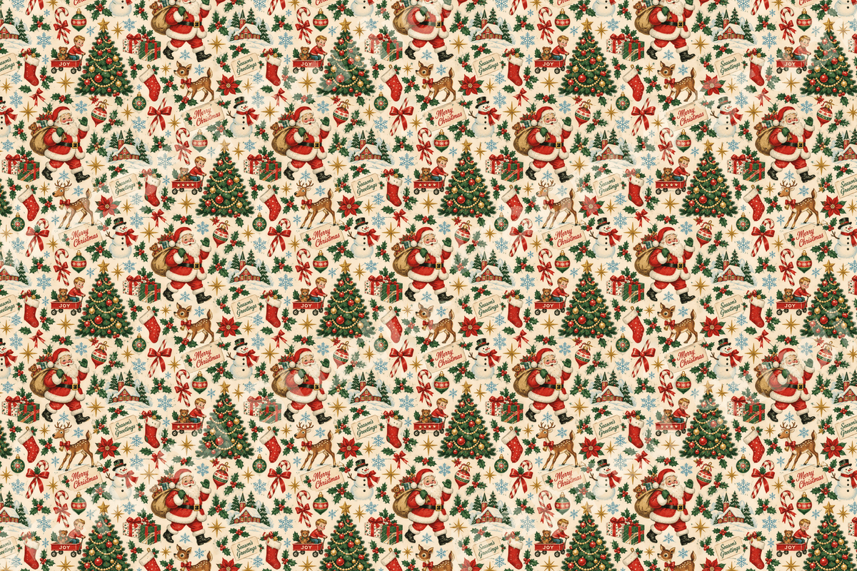 Vintage Christmas pattern featuring retro Santa, decorated trees, deer, and snowmen on a cream background.