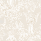 Elegant cream and white vintage angel pattern in a classic toile de Jouy style with botanical details.