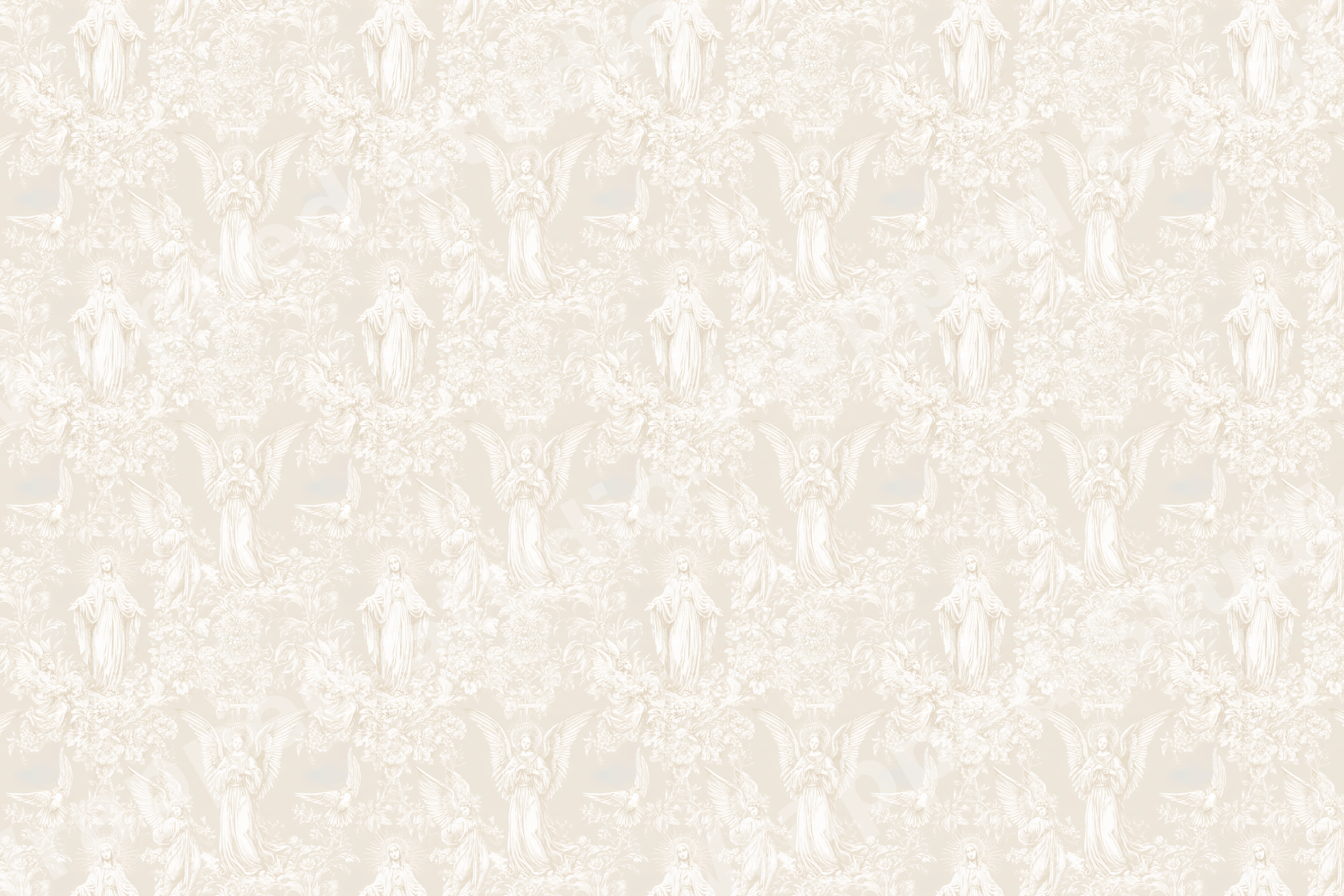 Elegant vintage Christian pattern featuring white angels and the Virgin Mary on a soft cream background.
