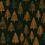 Seamless rustic Christmas tree pattern with hand-drawn orange pine trees on a dark forest green background.