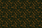 Rustic hand-drawn forest pattern with orange pine trees on a dark green background.