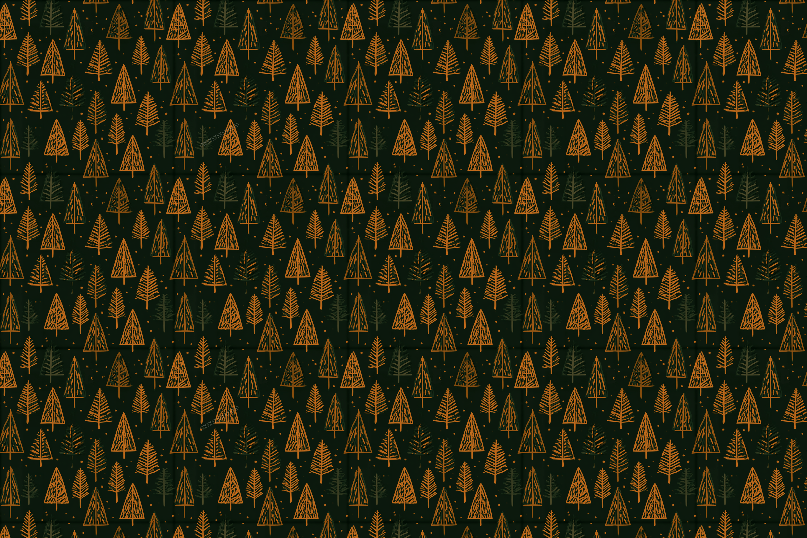 Rustic hand-drawn forest pattern with orange pine trees on a dark green background.