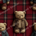 Cozy teddy bear pattern featuring vintage stuffed bears on a classic red tartan plaid background.