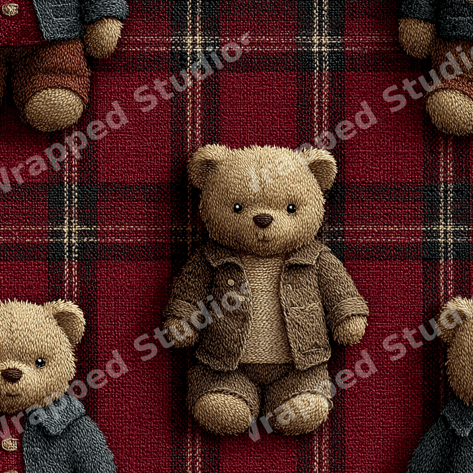 Cozy teddy bear pattern featuring vintage stuffed bears on a classic red tartan plaid background.