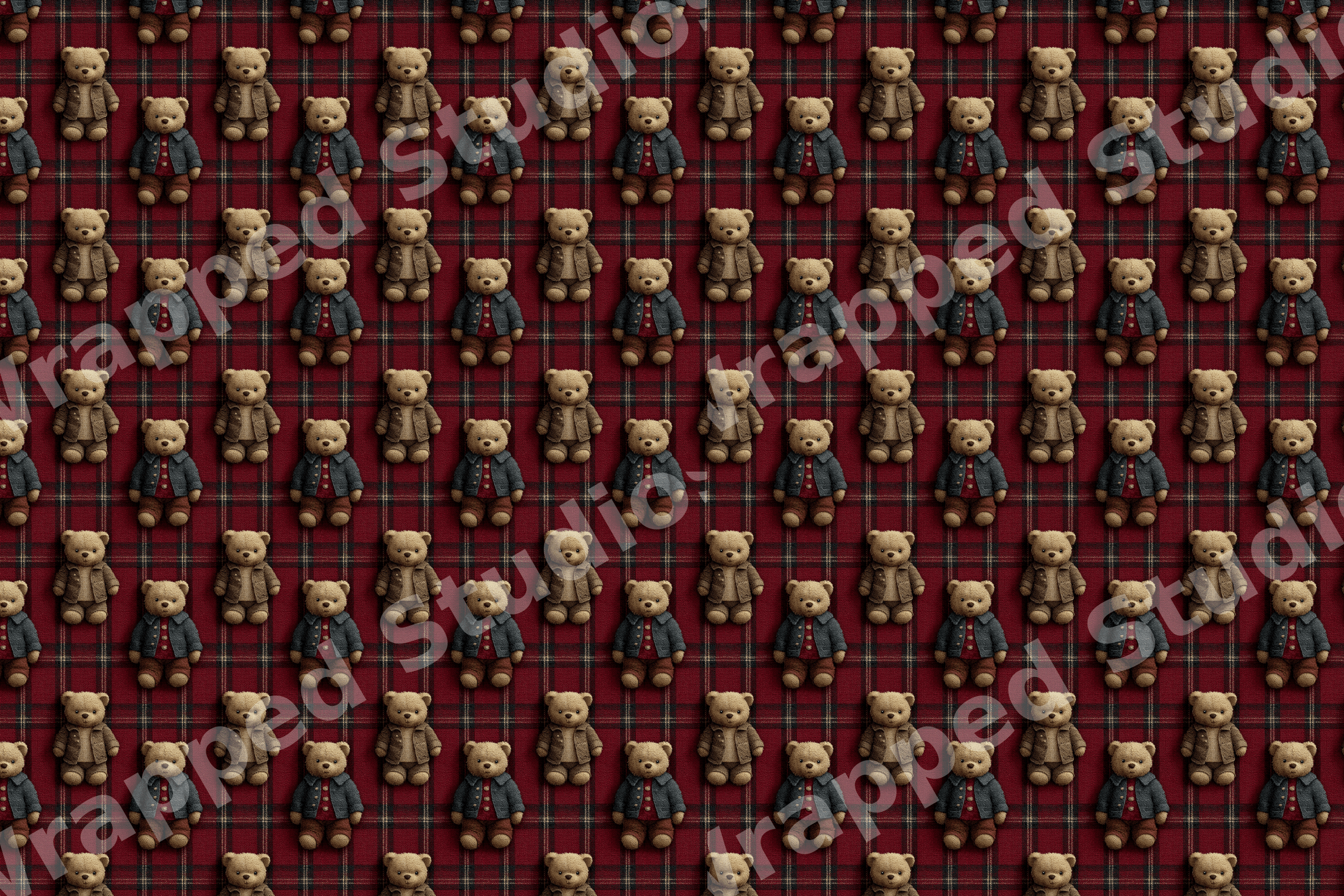 Seamless teddy bear pattern featuring cute dressed bears on a classic red tartan plaid background.