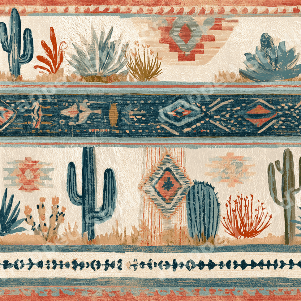 Boho Southwest desert pattern with hand-painted cacti and terracotta geometric tribal borders.