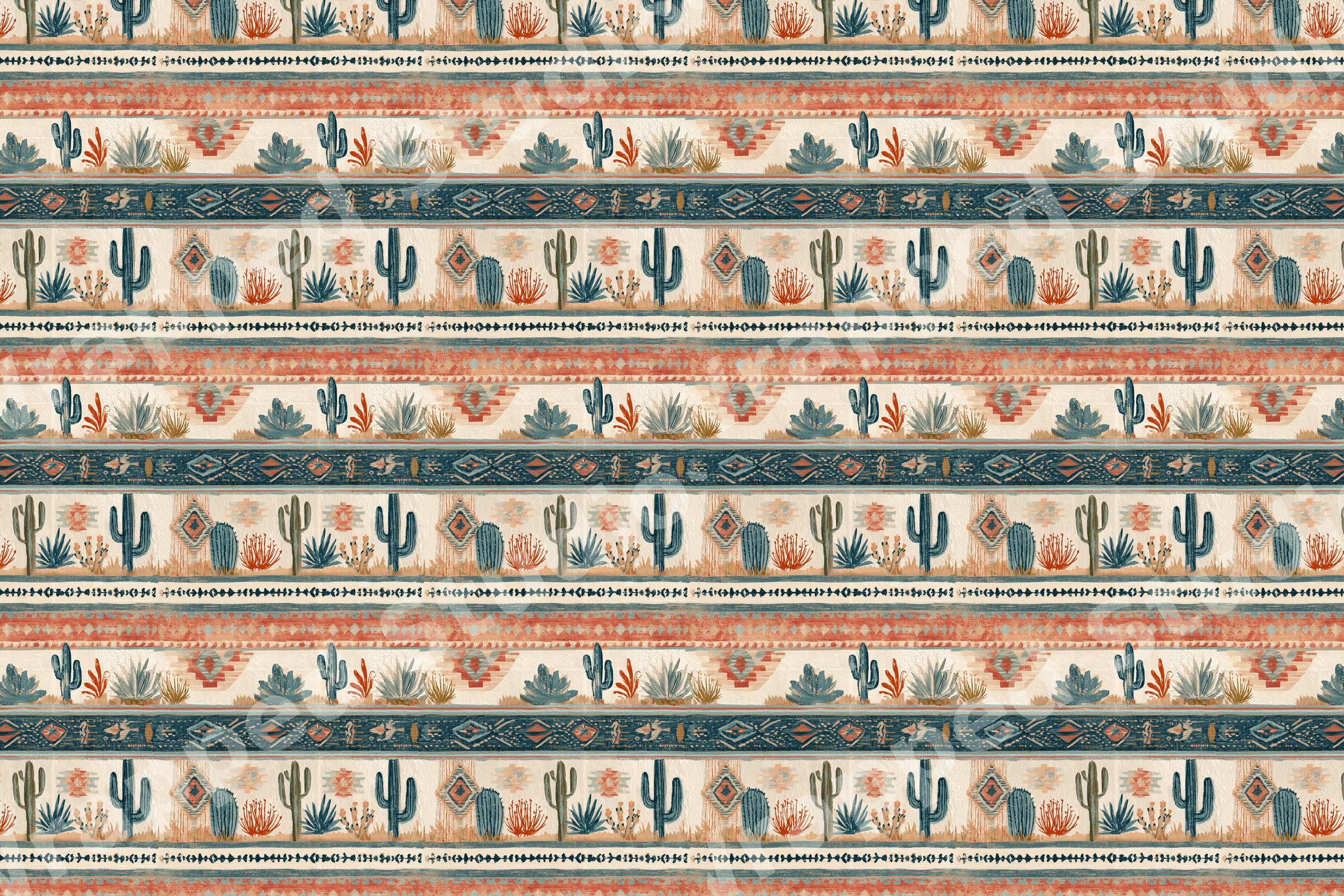Southwestern desert cactus pattern with terracotta and teal geometric tribal stripes.