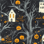 Spooky Halloween pattern with grinning pumpkins, bare trees, and haunted houses on a dark background.