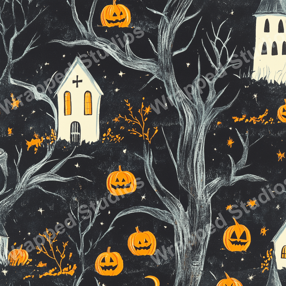 Spooky Halloween pattern with grinning pumpkins, bare trees, and haunted houses on a dark background.