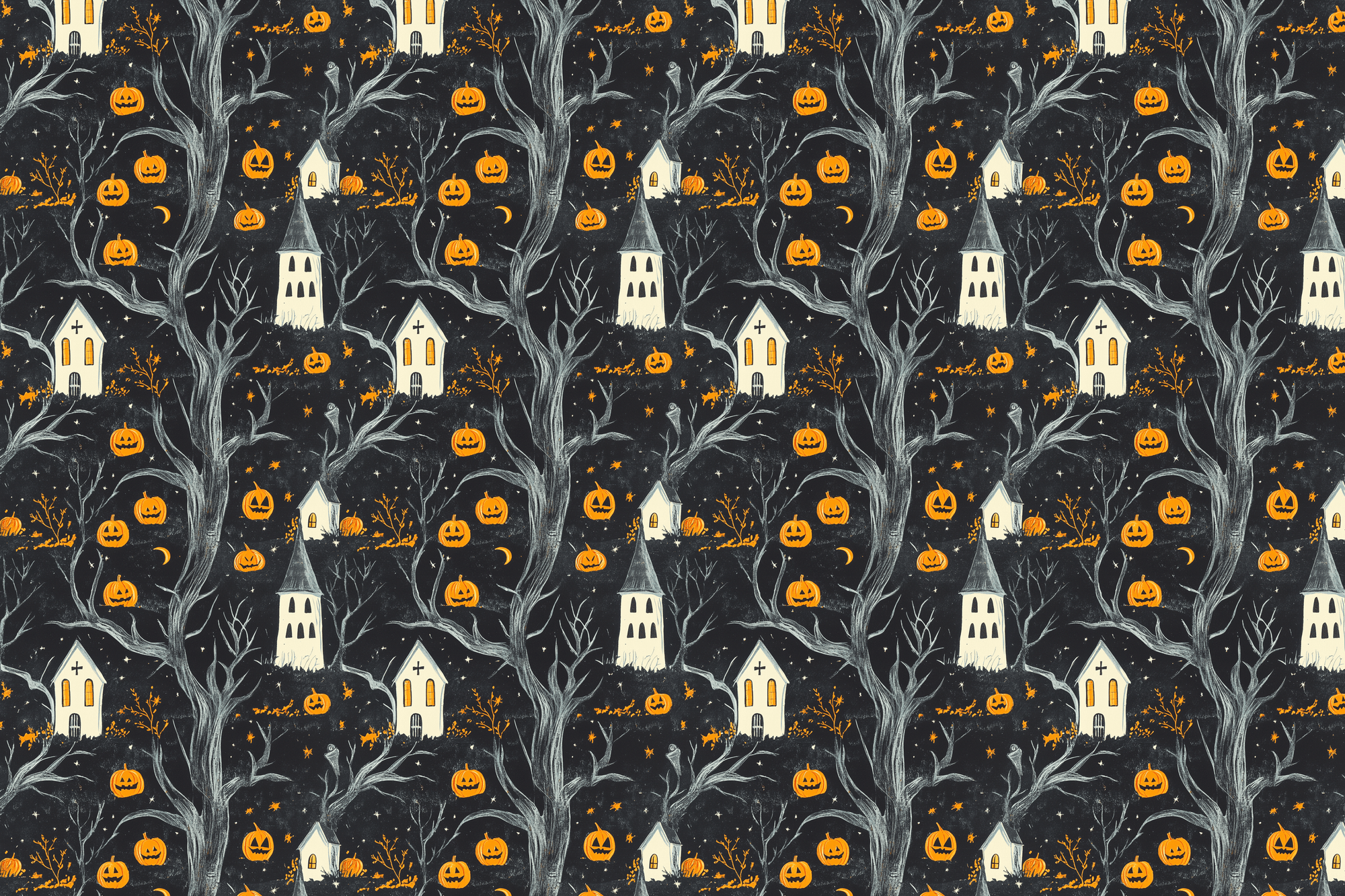 Halloween-themed pattern with pumpkins, houses, and trees on a dark background. Wrapped Studios luxury wrapping paper.