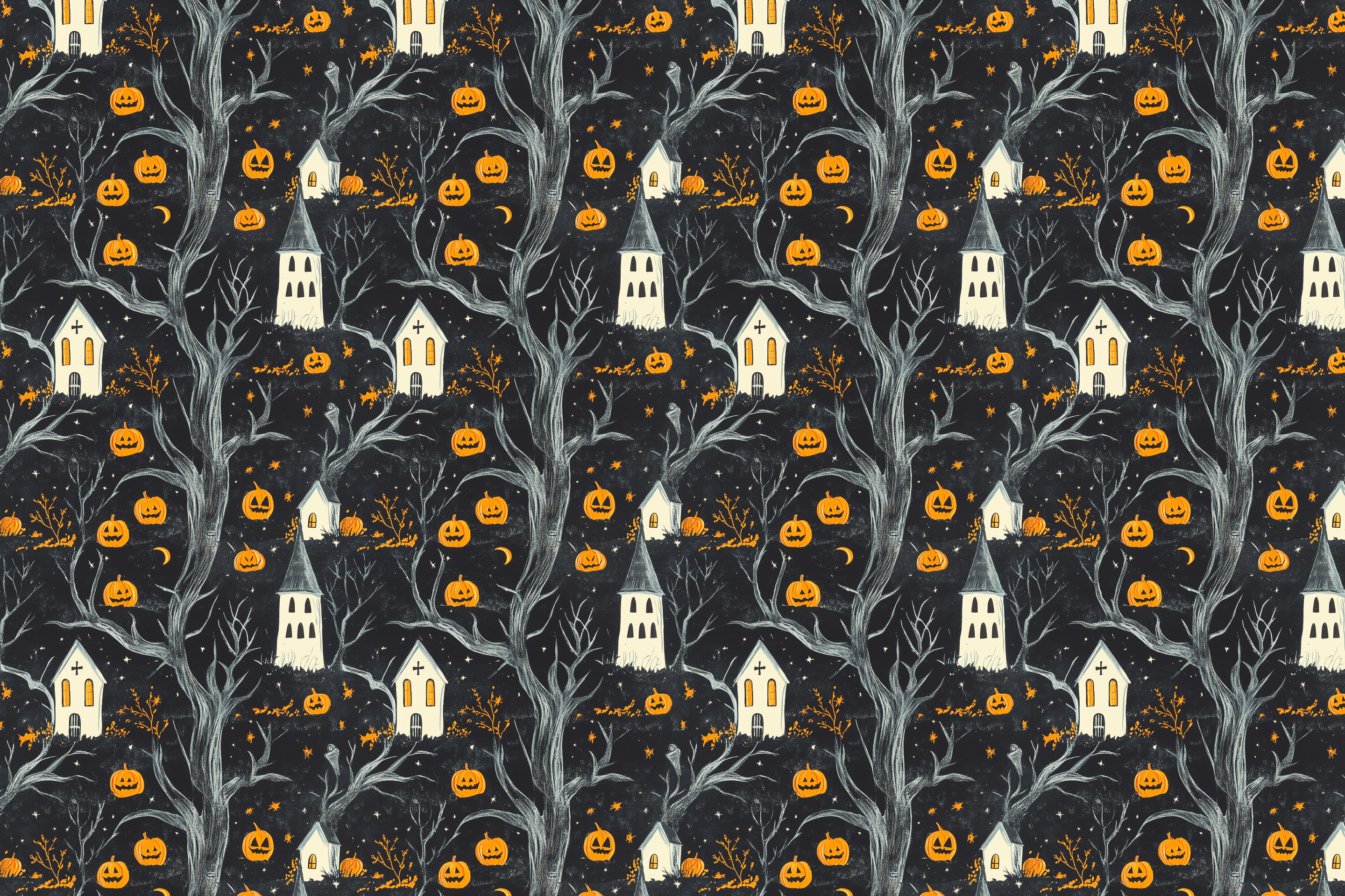 Halloween-themed pattern with pumpkins, houses, and trees on a dark background. Wrapped Studios luxury wrapping paper.