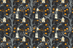 Whimsical Halloween pattern with spooky trees, glowing pumpkins, and haunted houses on a dark ground.