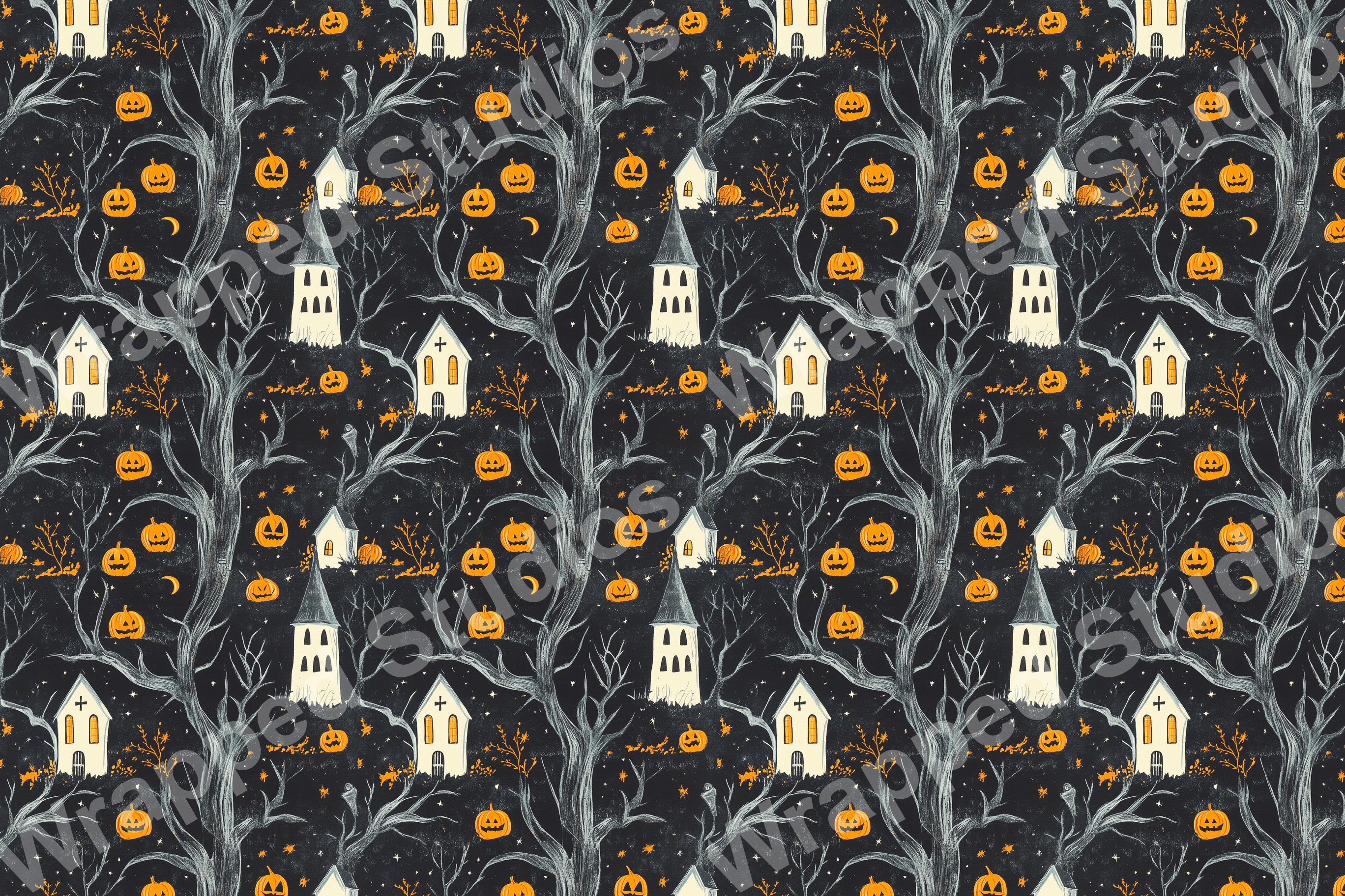 Whimsical Halloween pattern with spooky trees, glowing pumpkins, and haunted houses on a dark ground.