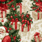 Vintage Christmas pattern with classic Santa Claus, pine branches, and red berries on a cream damask background.