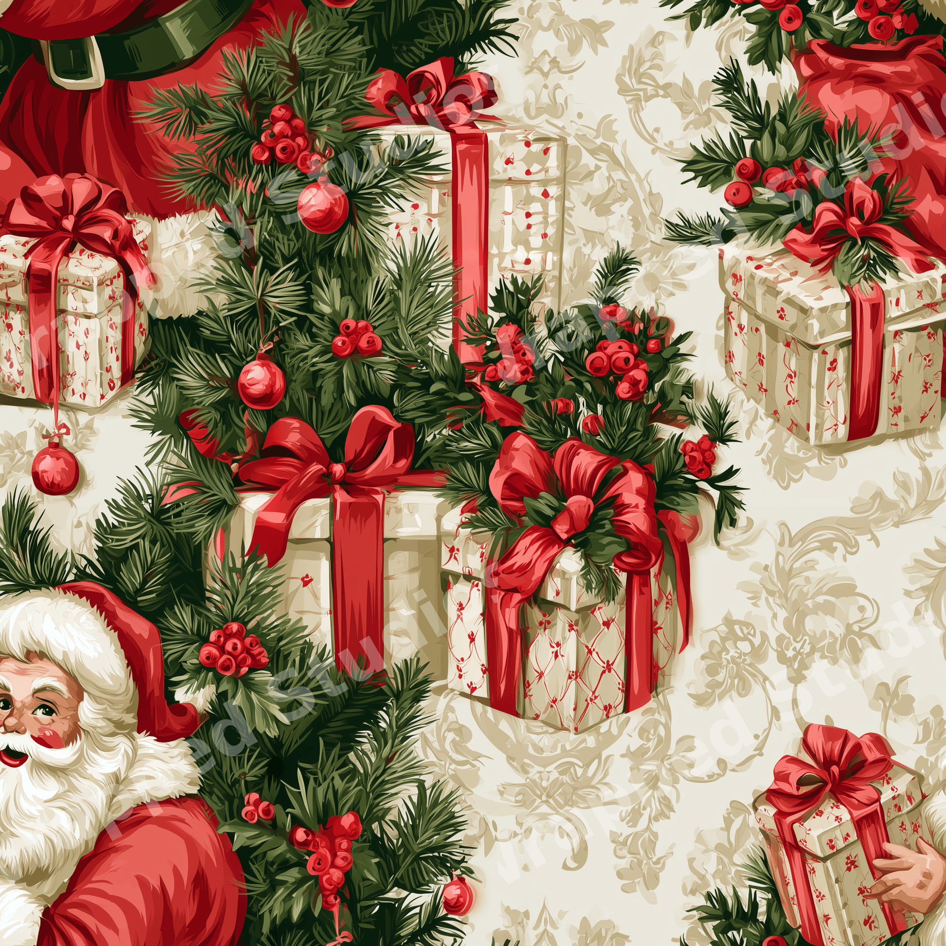 Vintage Christmas pattern with classic Santa Claus, pine branches, and red berries on a cream damask background.