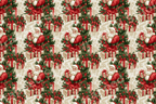 Vintage Christmas pattern with Santa Claus and pine branches on a cream damask background.