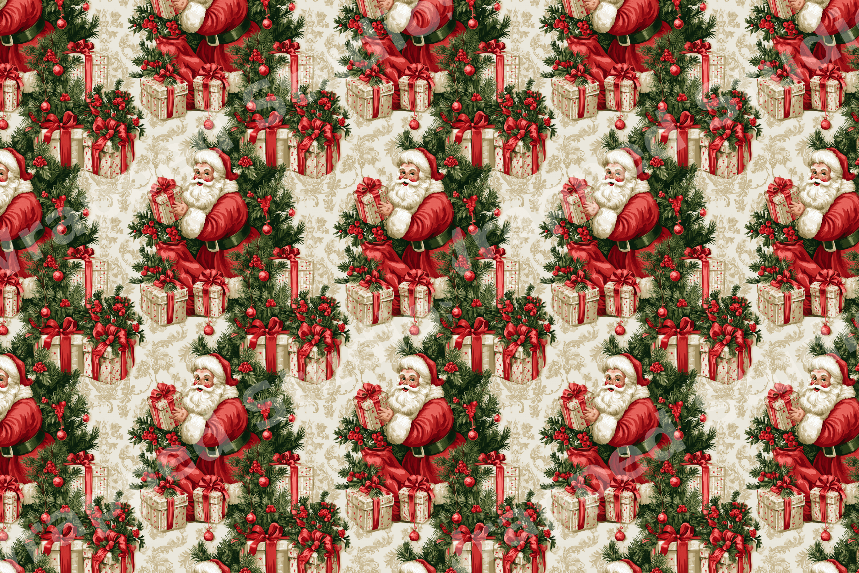 Vintage Christmas pattern with Santa Claus and pine branches on a cream damask background.