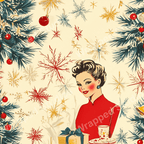 Vintage Christmas design with snowflakes, evergreen branches, and ornaments in red, gold, and teal.