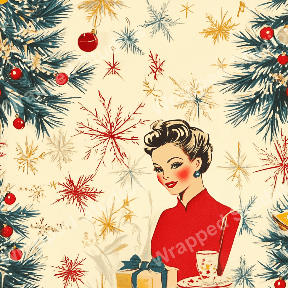Vintage Christmas design with snowflakes, evergreen branches, and ornaments in red, gold, and teal.
