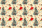 Retro holiday pattern with 1950s ladies, decorated Christmas trees, and colorful snowflake motifs.