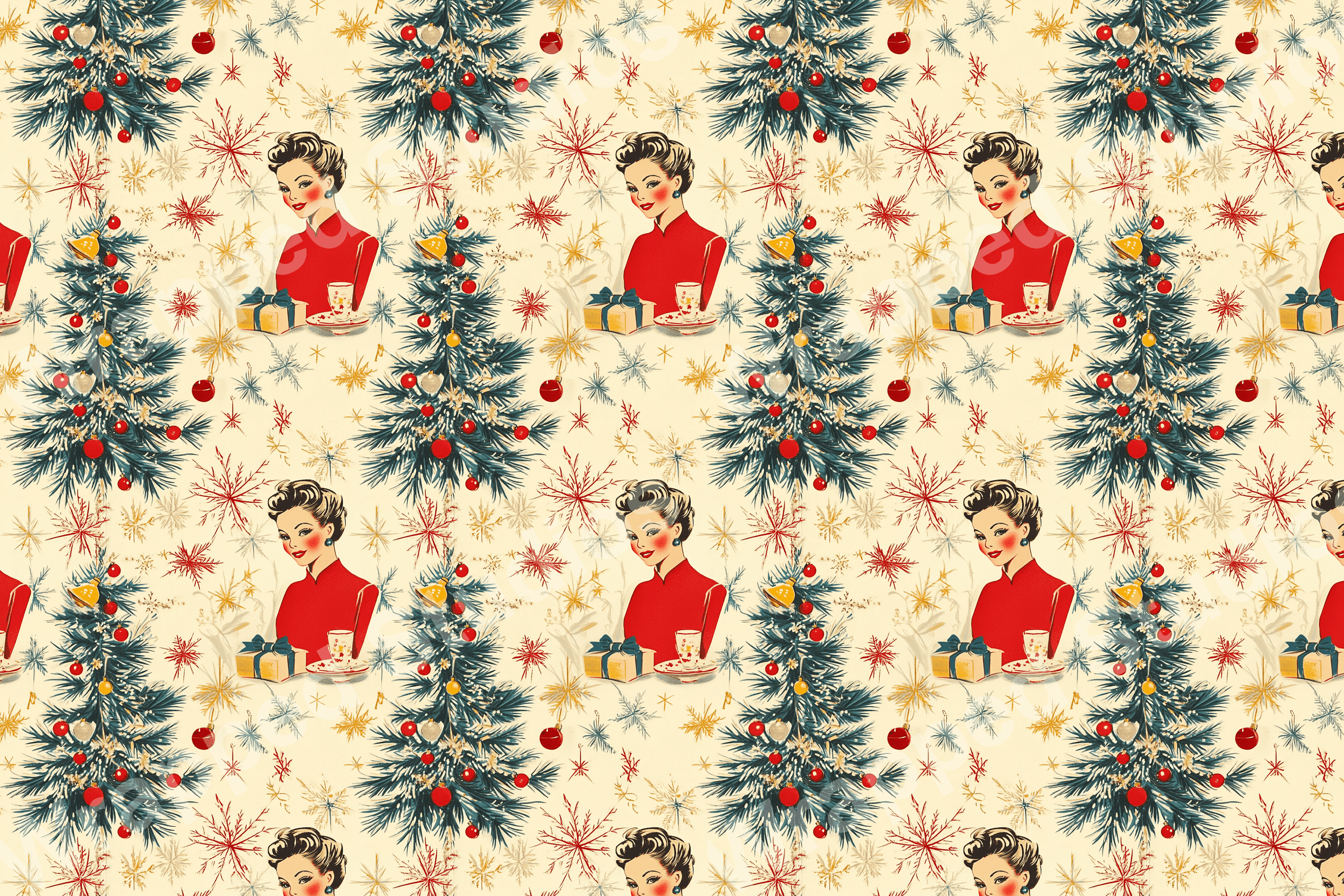 Retro holiday pattern with 1950s ladies, decorated Christmas trees, and colorful snowflake motifs.