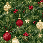 Vintage Christmas botanical pattern featuring pine branches, red berries, pinecones, and gold hanging ornaments.