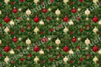 Elegant holiday pattern with vintage Christmas ornaments, green pine branches, pinecones, and holly berries.