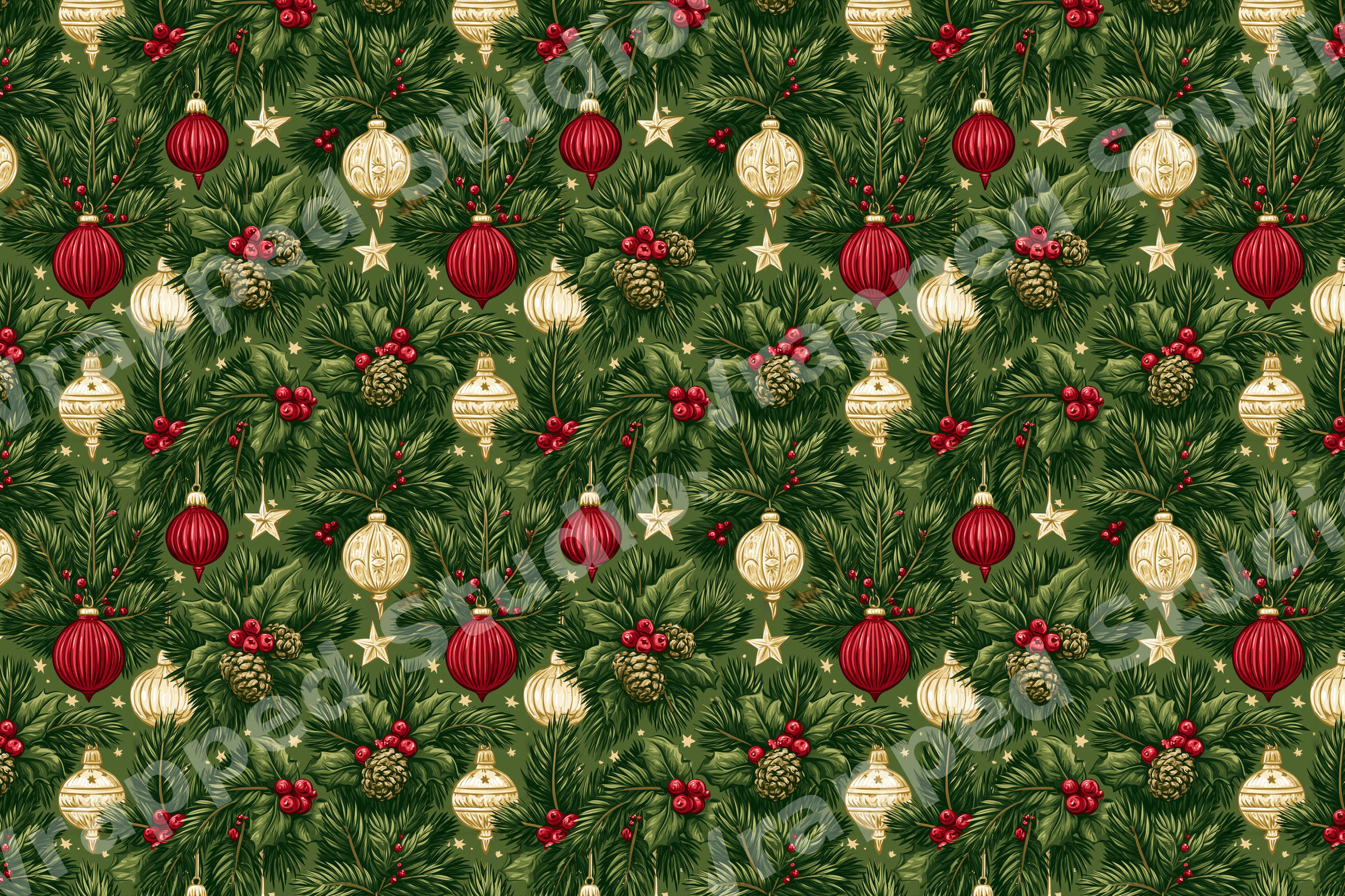 Elegant holiday pattern with vintage Christmas ornaments, green pine branches, pinecones, and holly berries.