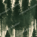 Vintage pine forest pattern with dark green trees on a cream background, rustic watercolor style.
