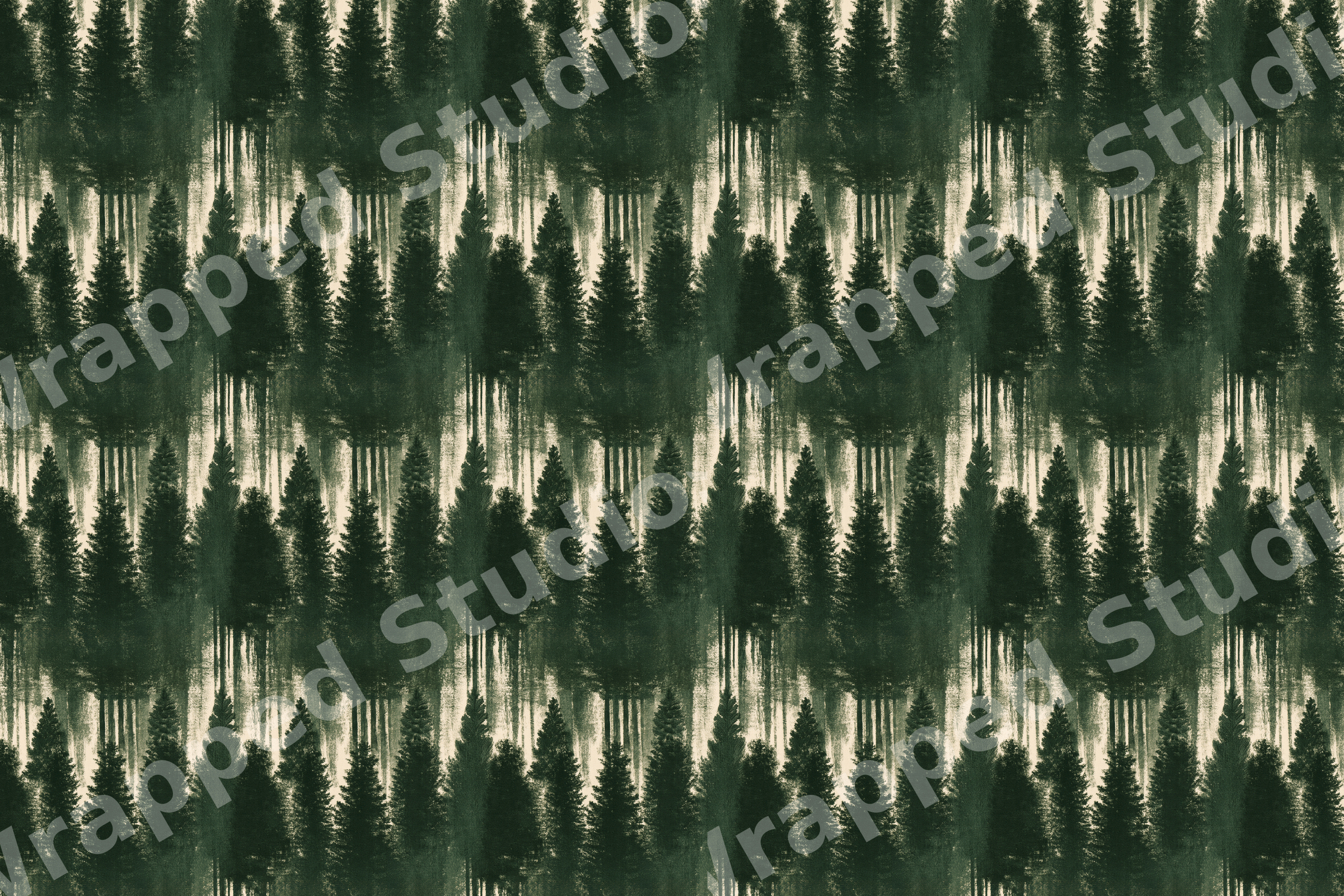 Vintage watercolor forest pattern with dark green pine trees on a cream background.