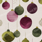 Watercolor Christmas ornament pattern with shades of plum, deep green, and olive, featuring a festive, playful style.