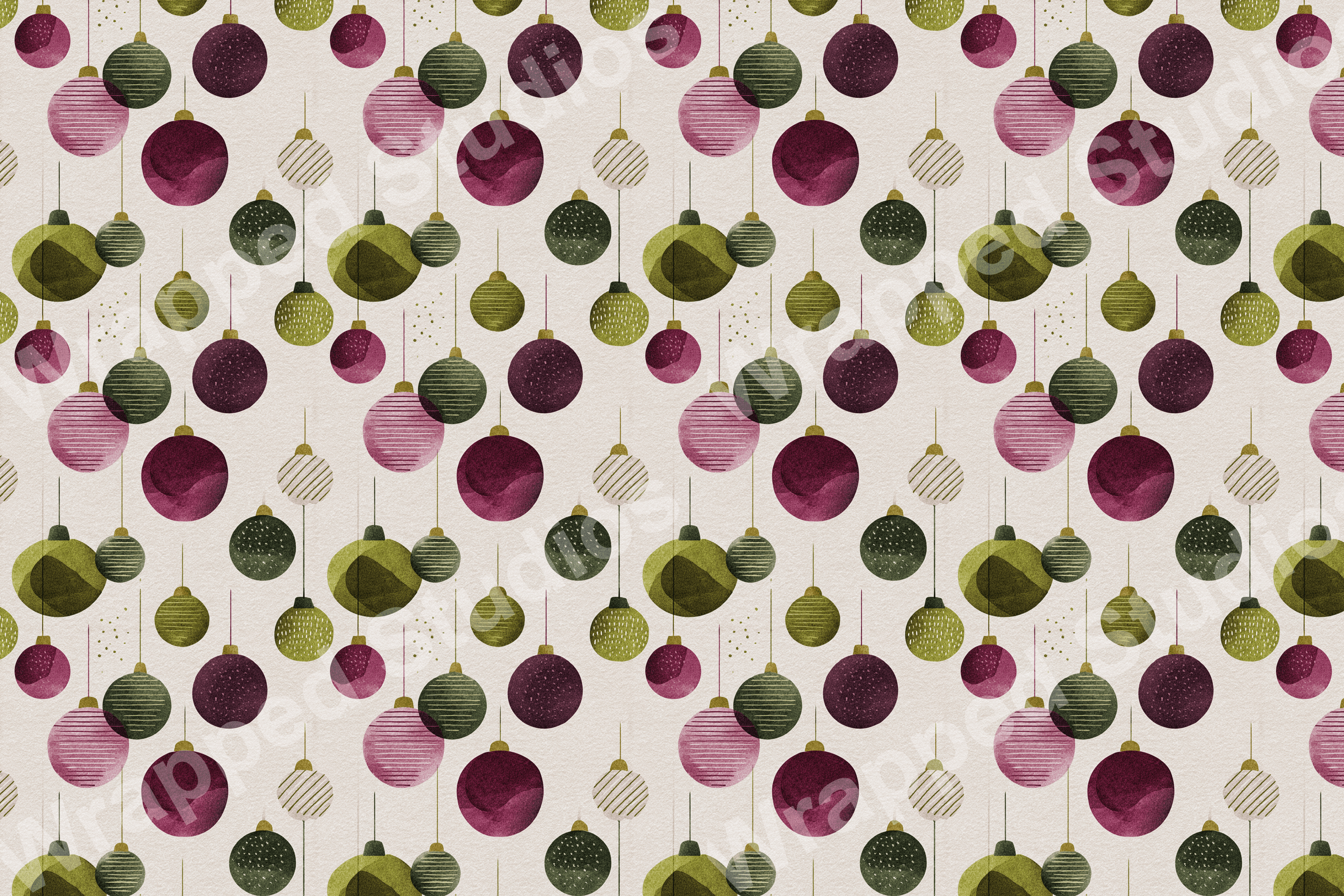 Watercolor Christmas ornament pattern in maroon, olive green, and pale pink with gold accents.