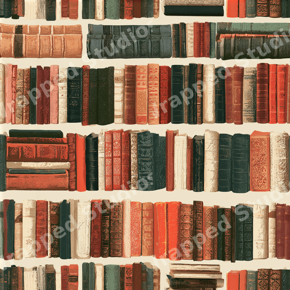 Vintage bookshelf pattern featuring rows of colorful antique book spines in a classic library design.