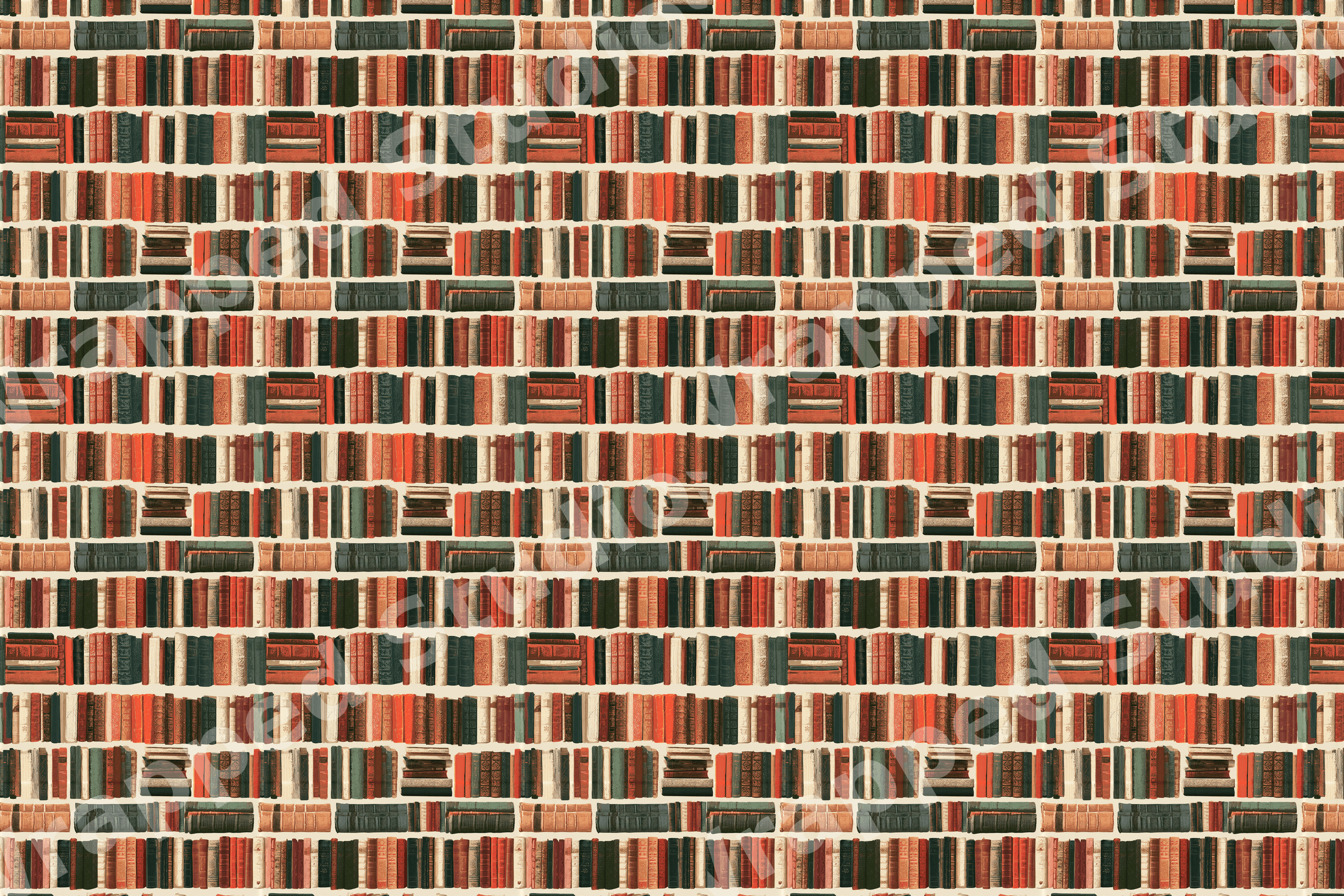 Vintage library bookshelf pattern featuring rows of antique books in warm red, green, and brown tones.