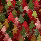 Festive seamless pattern of abstract Christmas trees in red, green, pink, and brown hues with falling snow dots.