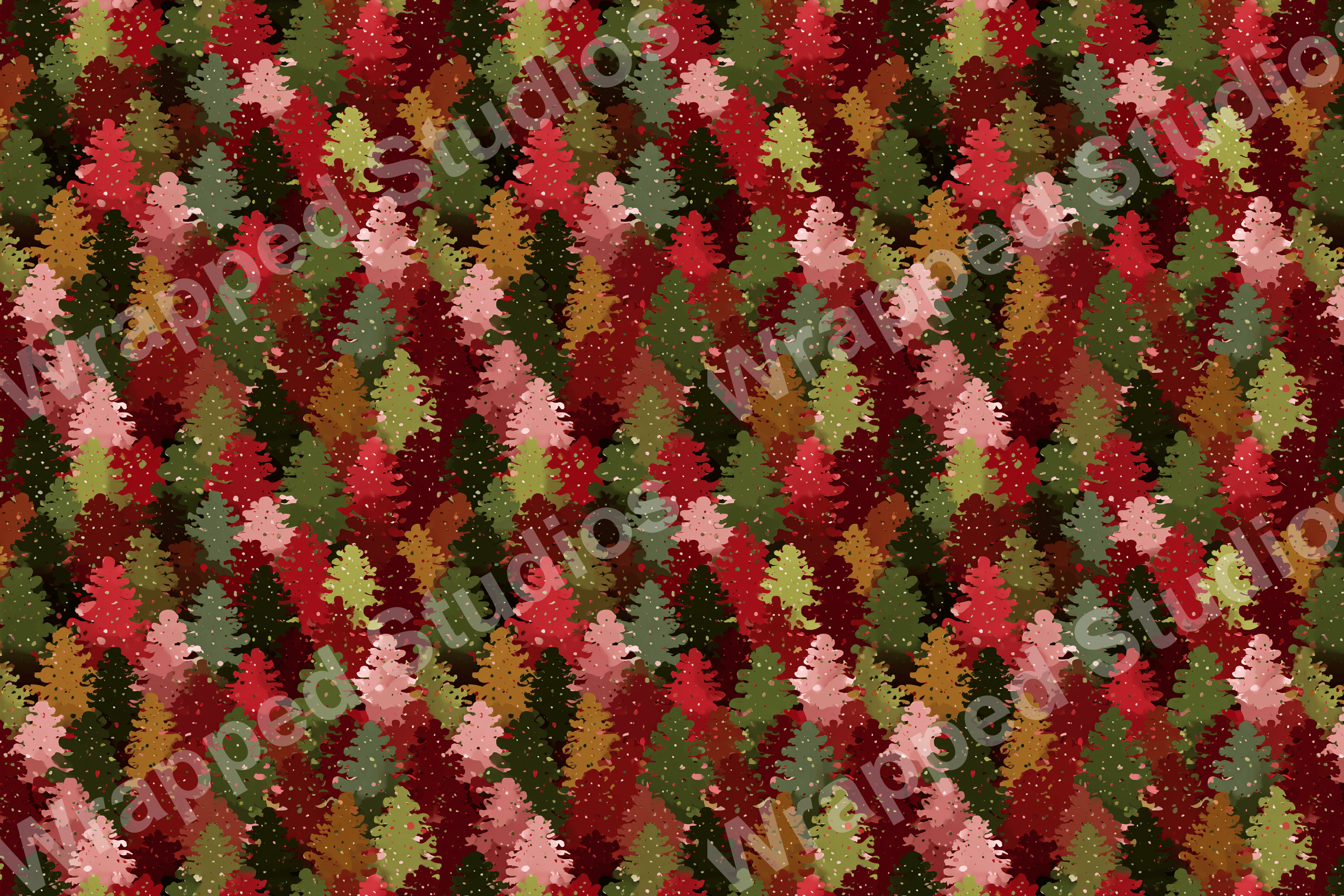 Dense Christmas tree pattern in reds, greens, and golds with a snowy effect.