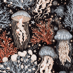 Vintage jellyfish and coral pattern with bioluminescent details on a dark background.