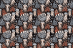 Vintage ocean pattern with jellyfish, coral, and seaweed illustrations on a black background.